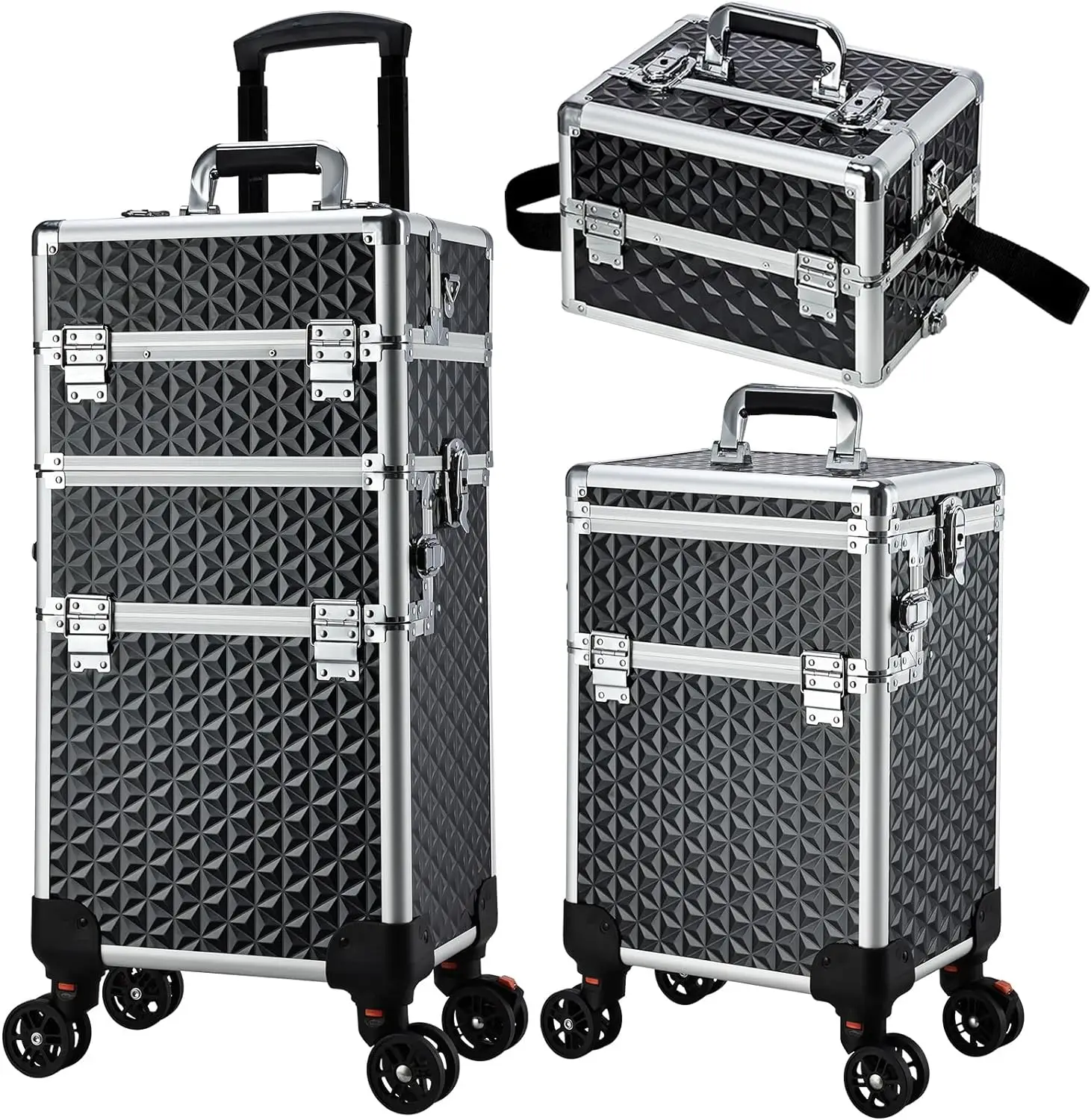 Rose gold 3 in 1 Train Case on Wheels Makeup Trolley Salon Traveling Trunk Suitcase for Cosmetology School Nail Tech Hairstylist