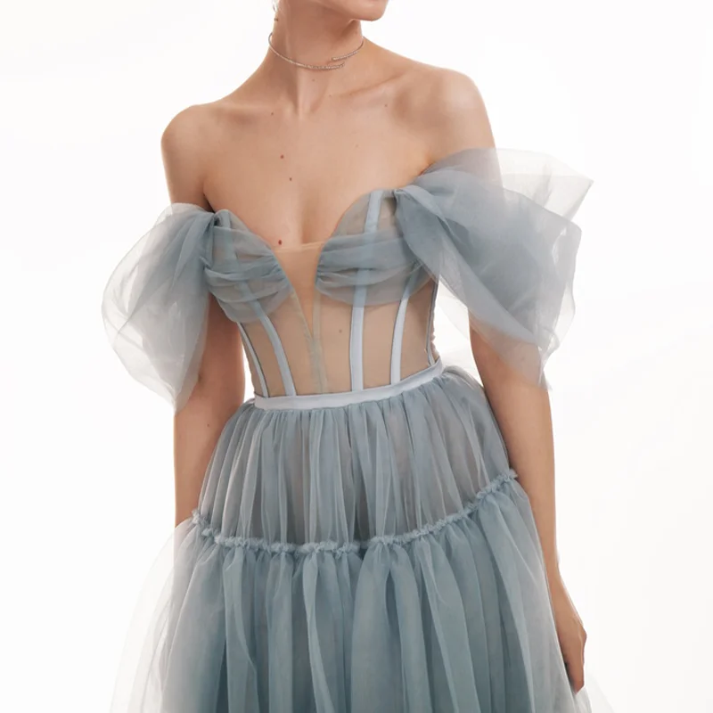 Custom Elegant Blue Empire Line Floor Length Women Lady Elegant Sexy Tulle Dress Women Gowns Evening Prom Dresses