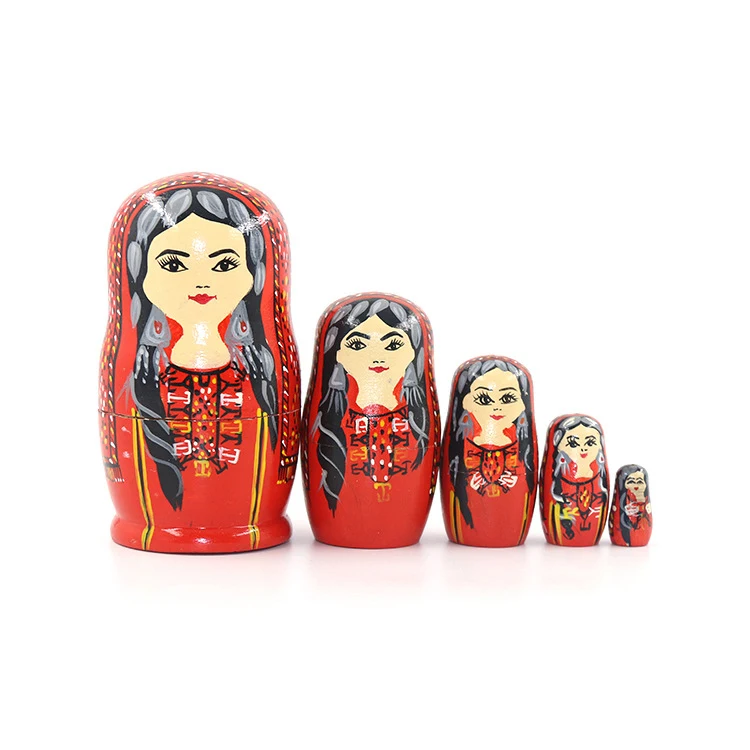 Custom pattern handicraft decoration Ethnic style wooden handmade products 5 layers Wood Russian Nesting Dolls