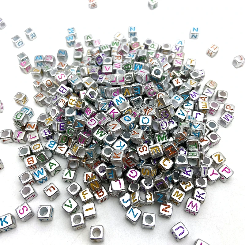 Wholesale 6mm Vintage Square Plastic Letter Metallic Golden Silver Cube Acrylic Alphabet Beads For Jewelry Making