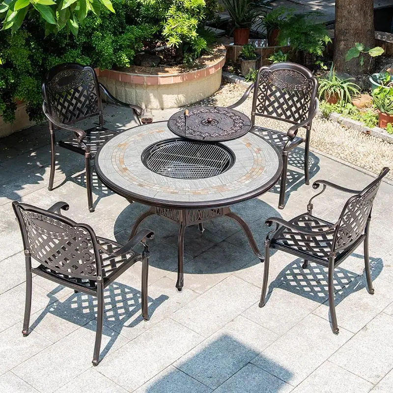 Courtyard BBQ Table and Chair Combination Cast Aluminum Carbon Grilled Outdoor Iron Party Set Outdoor Barbecue Furniture