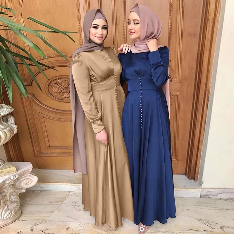 Satin Hijab Dress Women New Ramadan Eid Mubarak Elegant Solid Slim Waist Swing Arabic Turkey Muslim Dress Islamic Clothing