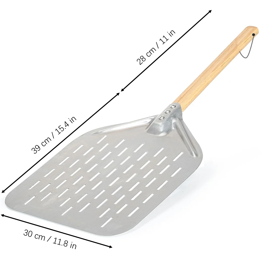 Premium 12 inch Lightweight Perforated Metal Anodized Aluminum Pizza Peel Shovel with Wood Handle Perfect for Homemade Pizza