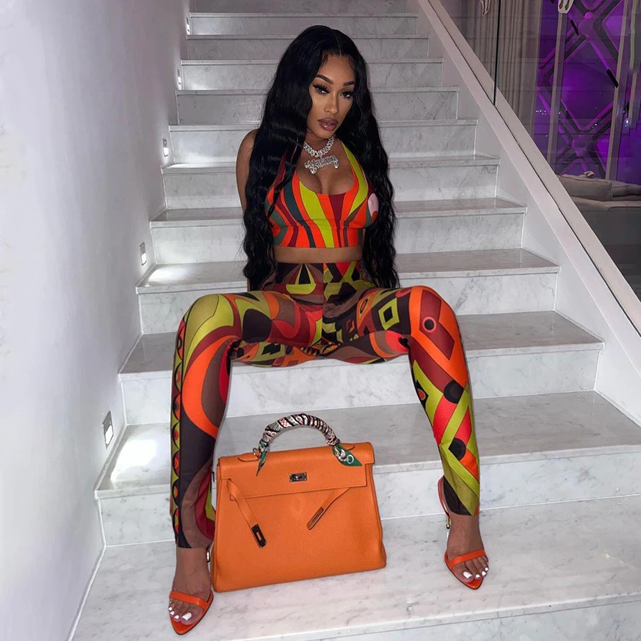 K22S23791 Bulk Clothing Print Legging Pant 2 Piece Outfit Workout Casual Breathable Women Sets