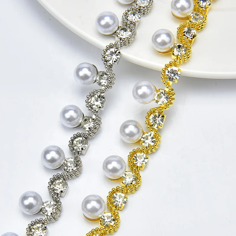Fashion Rhinestone Pearl Trim Glass Crystal White Pearls Fringe Beads Chain Decoration Belt For Clothing Shoes Embellishment DIY