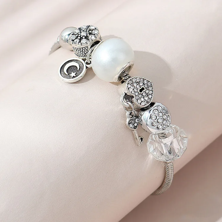 DIY Bracelet Jewelry Big Hole Beaded Beaded Key Pendant Bracelet Glass Beads Heart Shaped Lock Charm Bracelet Women