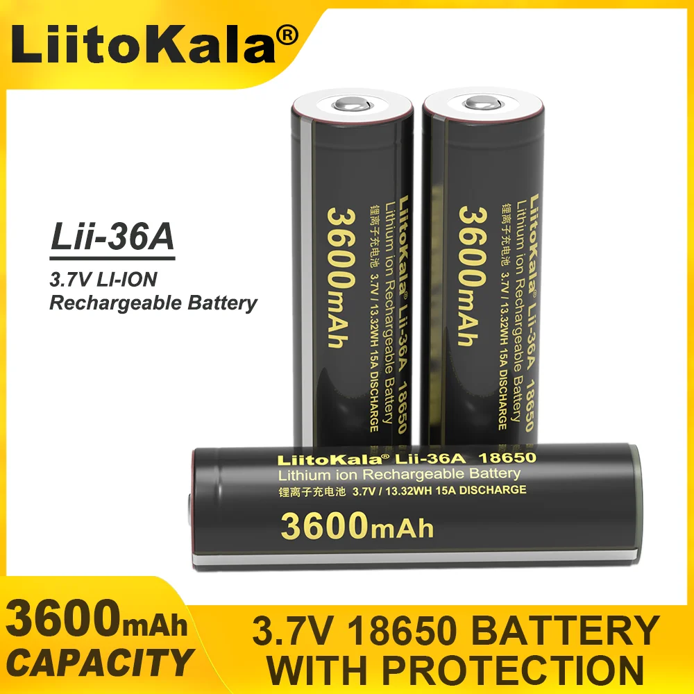 Liitokala Lii-36A Protective Board 3600mAh Rechargeable 18650 Cylindrical Lithium Ion Battery for Toys Power Tools 15A Discharge