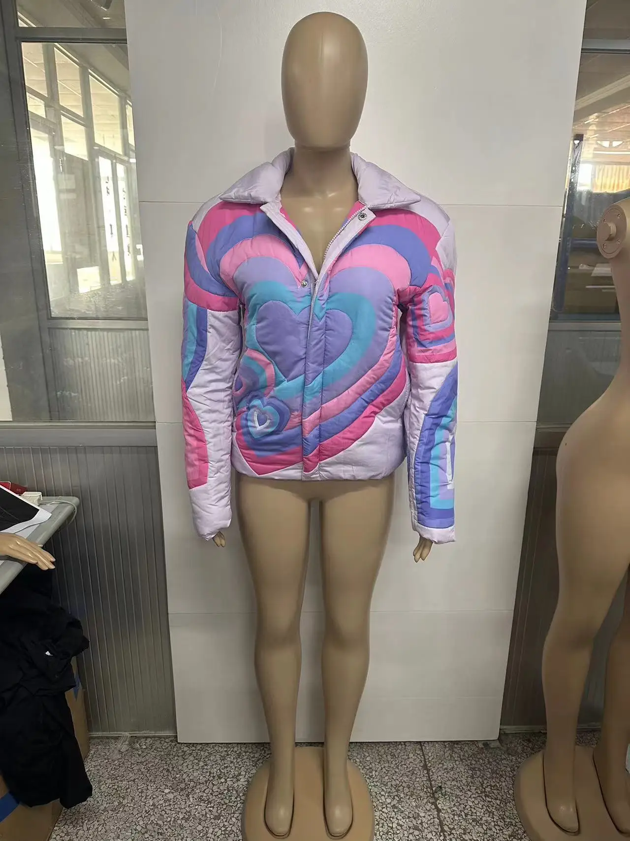 Winter fashion casual heart print women loose bubble jacket padded jacket puffer jacket