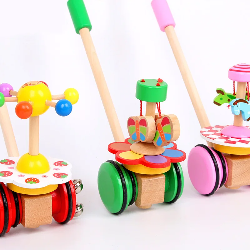 custom Educational Wooden Cute Cartoon Animals Walking Toy Baby Trolley Cart Educational Duck Pushing Walker Toys