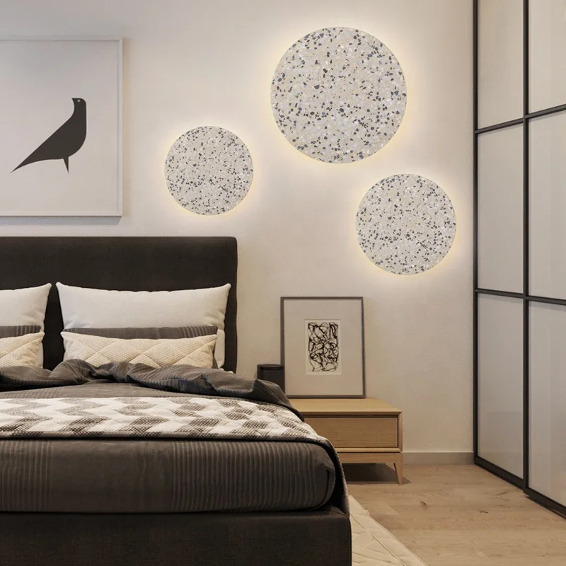 Interior Modern Disc Shaped Terrazzo Nordic Style Indoor Wall Mount Light Living Room Bedroom Ceramic LED Sconce Decoration Lamp