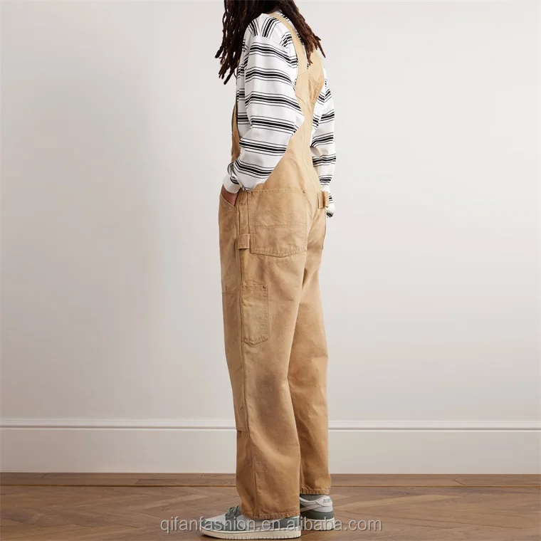 Custom vintage wash workwear cargo distressed canvas overalls for men