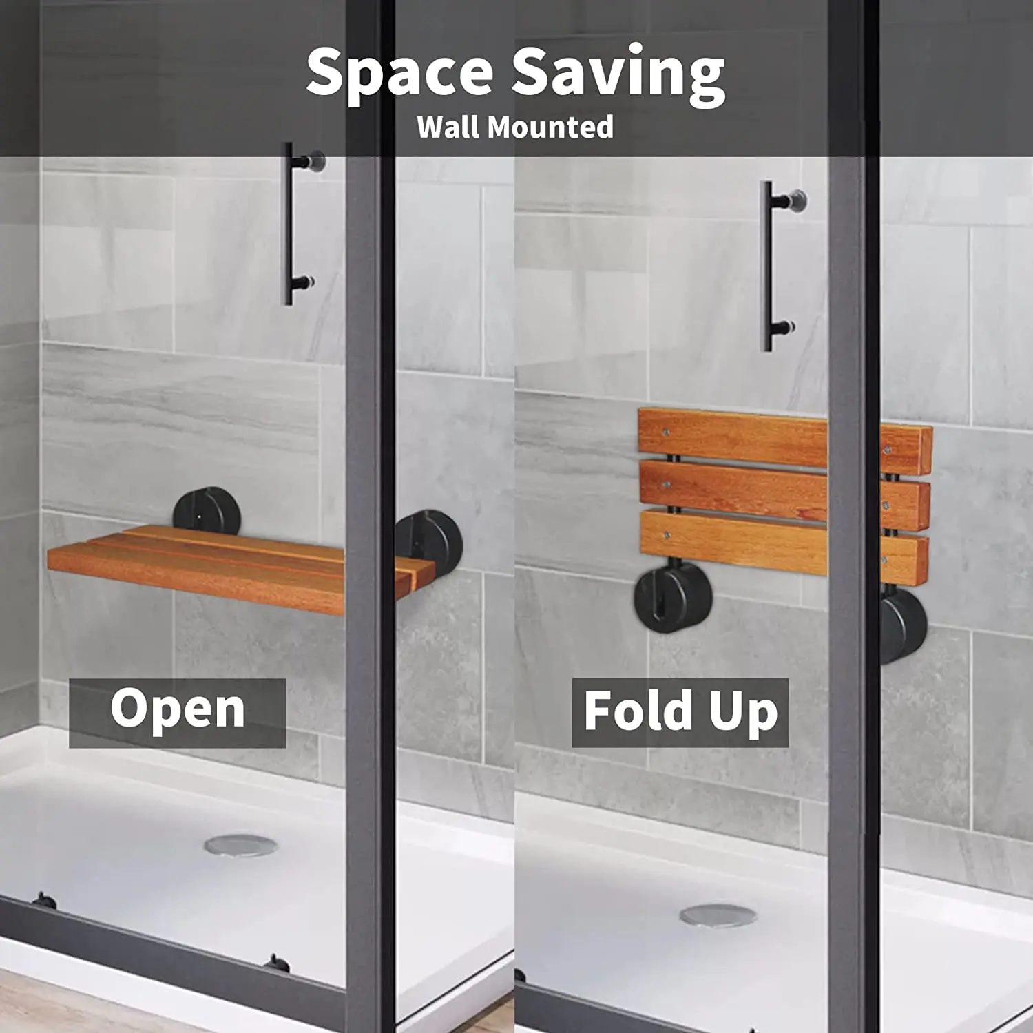 Teak Folding Wall Mounted Shower Seat for Small Shower Space with Matte Black Fitting