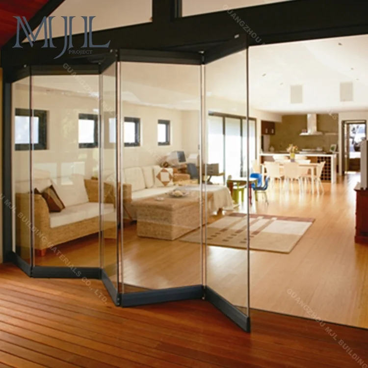 MJL folding frameless glass door tempered glass lowe glazed sliding folding door