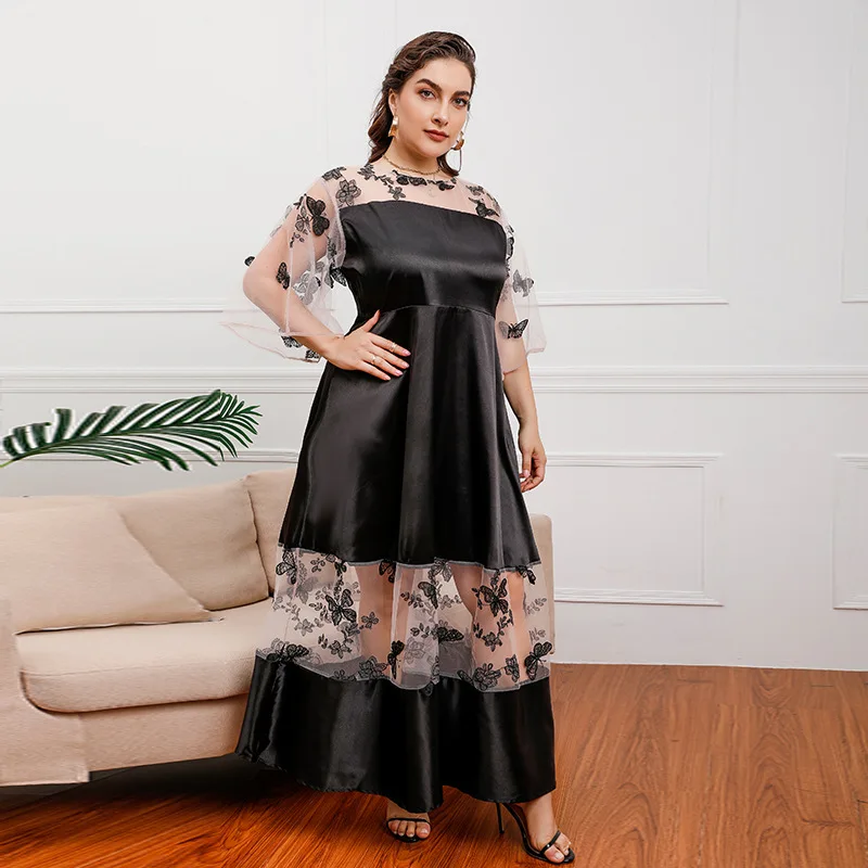 French court style large size mesh lace stitching fat mm can wear a mid-length dress Organza gauze banquet dress
