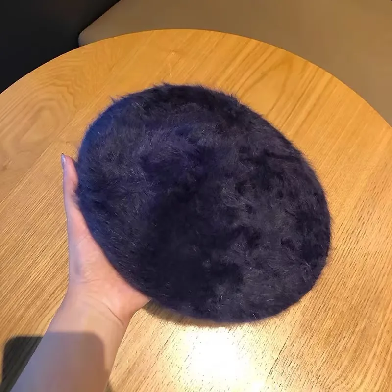 2025 Winter Beret Femme Solid Color Outdoor Wool Boina for Girl Warmth Soft Plush Rabbit Korean Beret