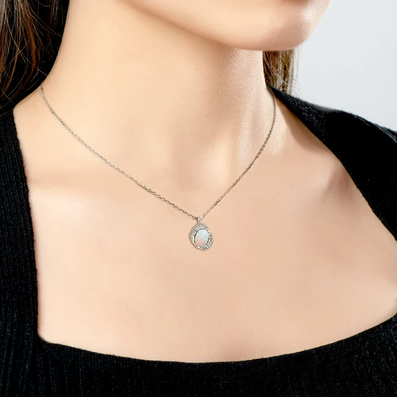 New arrival Trendy Synthetic Opal 925 Sterling Silver 8mm Oval Cut bezel Opal Pendant Necklace for women