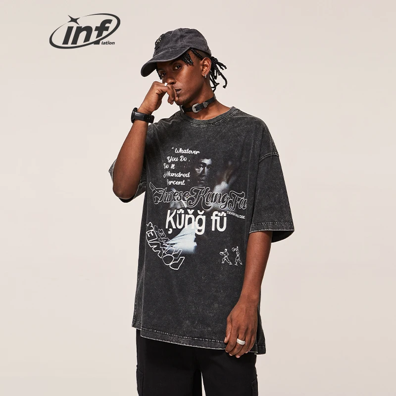 INFLATION Washing Lee Kongfu Printed Tshirt Heavyweight Custom Oversize Men Street T-shirt