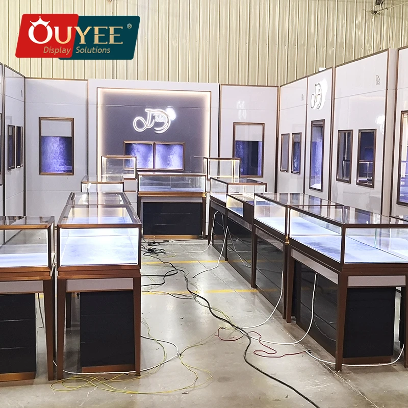 Ouyee Custom Gold Shop Interior Design Jewellery Counter Display Showcase Jewellery Showroom Designs