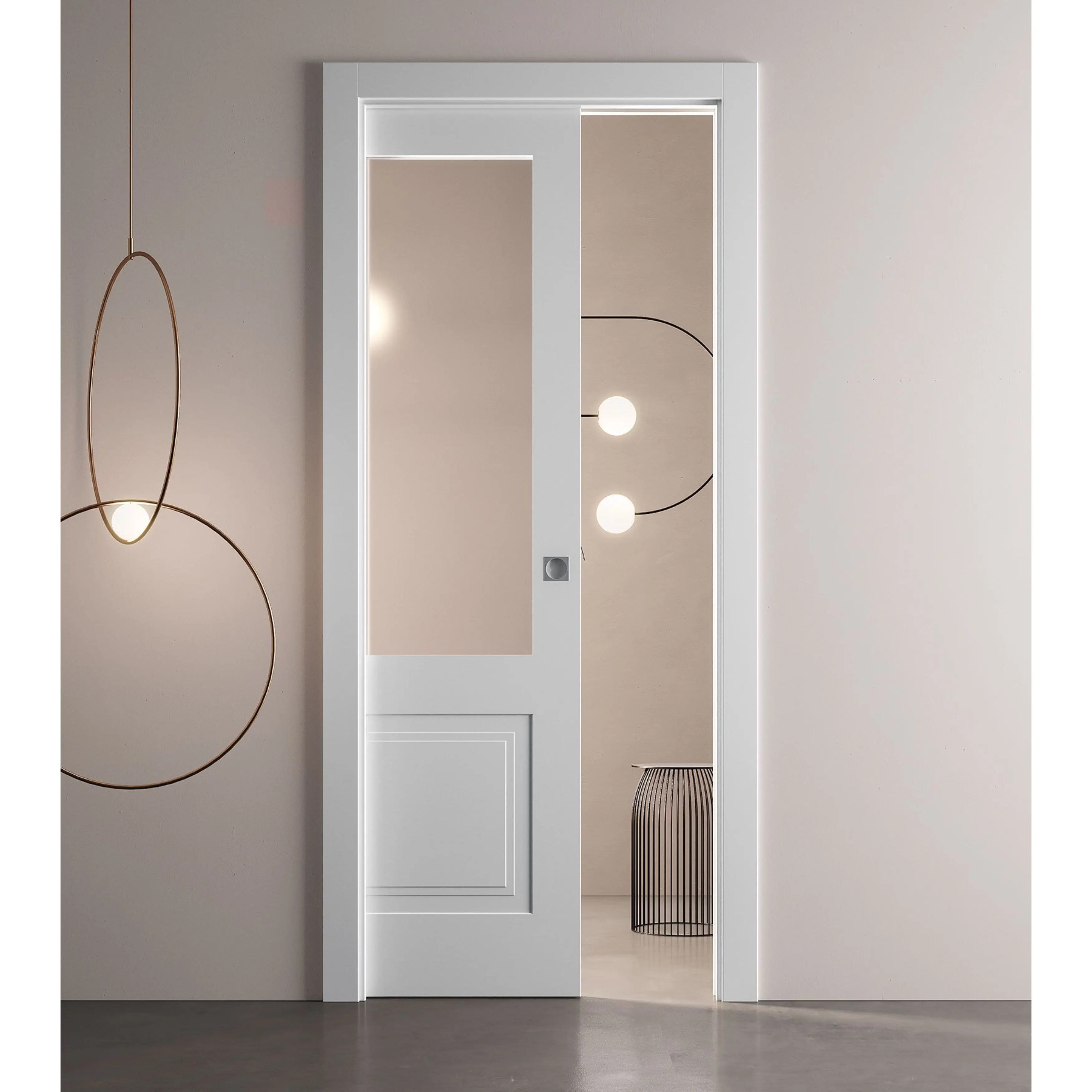 Single Panel Solid Wood Frosted Tempered Glass Pocket Doors Interior for Houses