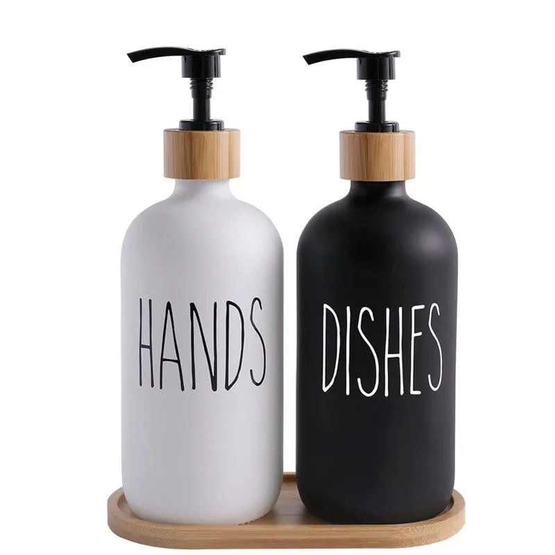 Set of 3 500ml 16oz  cllear white black  bathroom glass soap dispenser bottle with pump and bamboo Tray