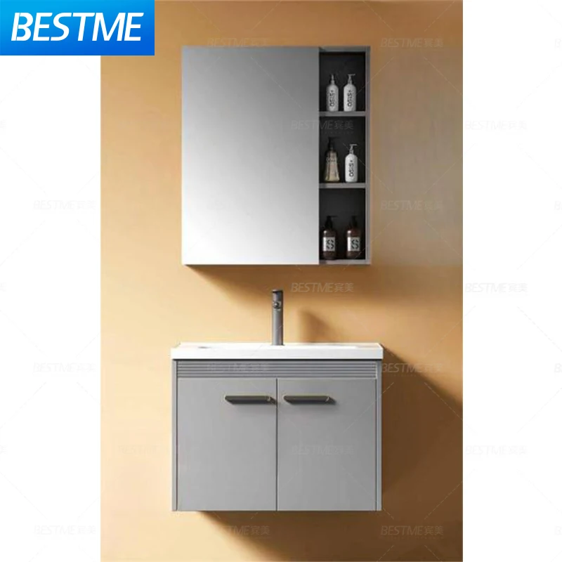 Light Grey Wall Mounted Modern Bathroom Furniture Sets Bathroom Vanity Mirror Aluminum Bathroom Cabinet With Single Sink