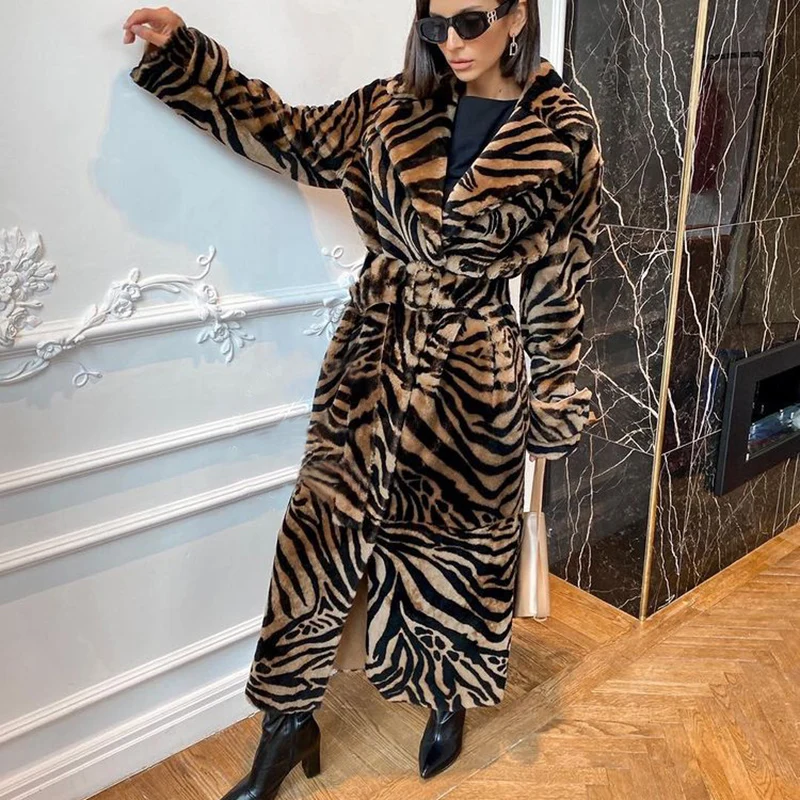 Winter Thick Faux Fur Coats Women Elegant Tie Belt Long Jackets Women Loose Leopard Printed Coats Ladies