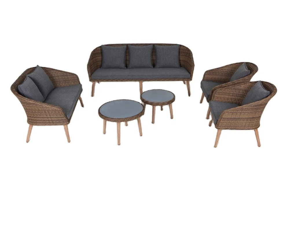 Handmade Alu Wicker Sofa 6pcs Set Rattan Garden Furniture With Single Double 3seat Sofa And Coffee Table
