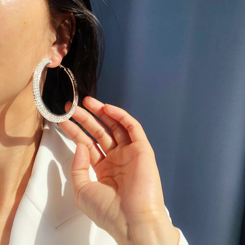 High quality silver plated big hoop earrings jewelry custom extra large rhinestone hoop earrings for women