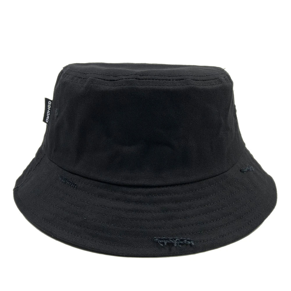 Custom distressed bucket hats with woven tags High quality classic black blank boonie Unisex casual cotton bucket hats rips