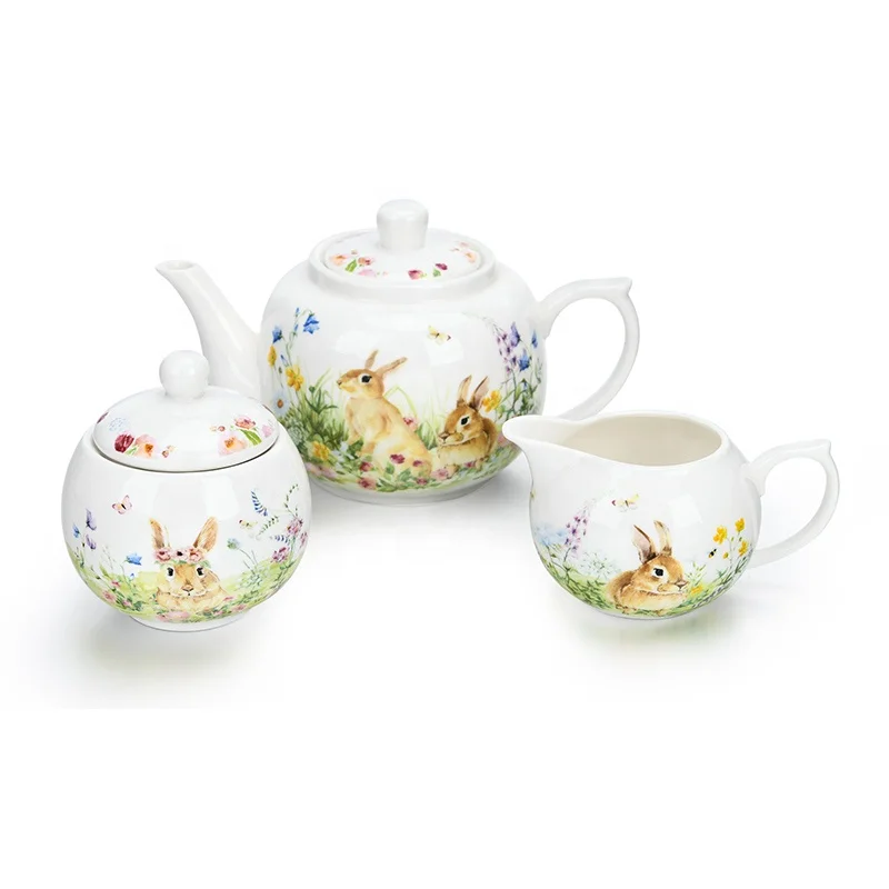 European Gold Rim Easter element Decor Ceramic Teapot Set With Teaspoons