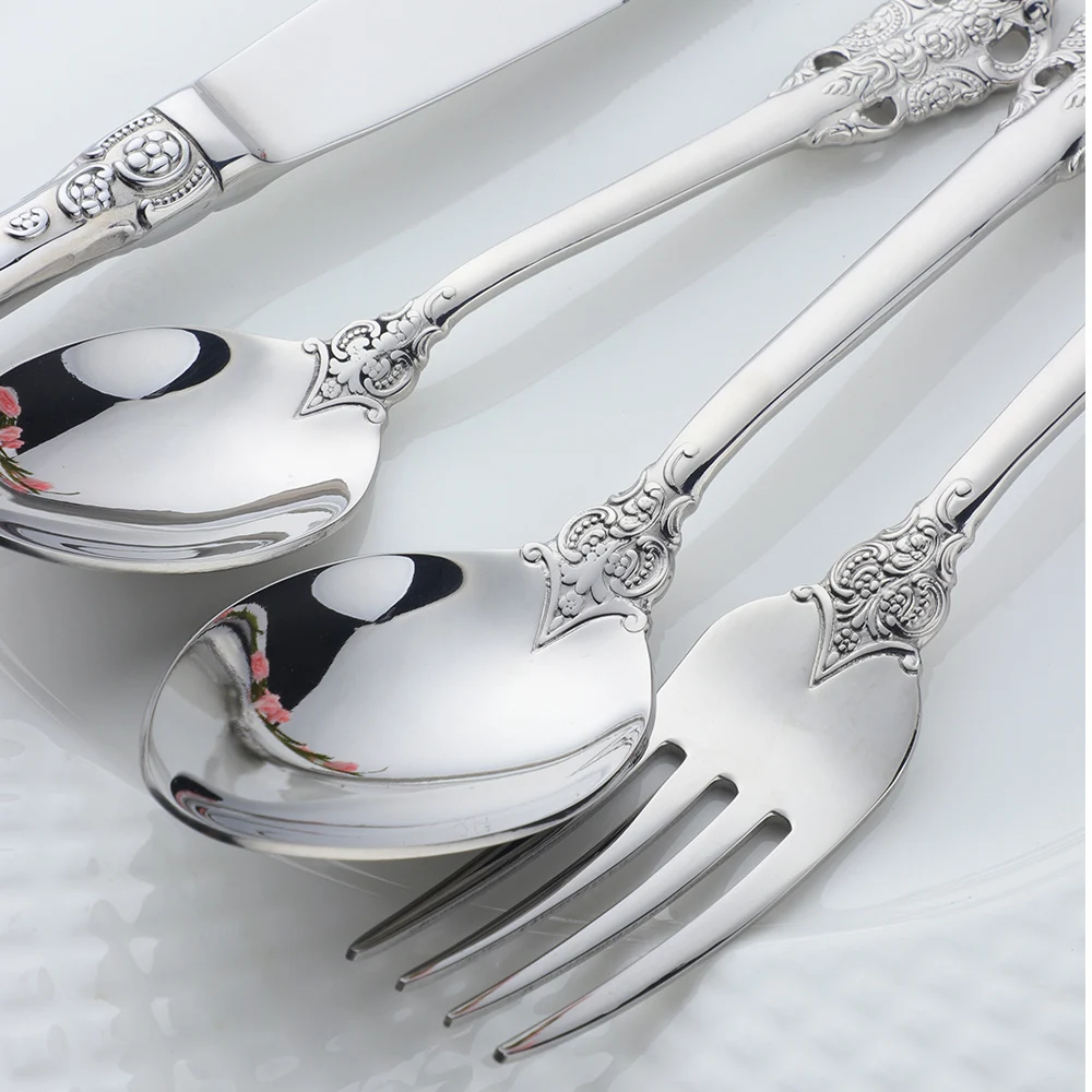 BAISHI  Vintage European Silverware Cutlery  Knife Spoon Fork 4 Pieces Dinner Set  Factory Wholesale Stainless Steel tableware