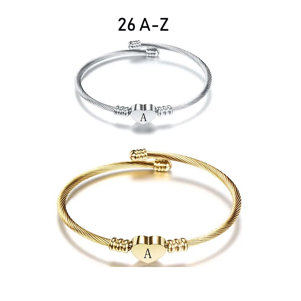 Hot Selling Trending Stainless Steel 26 Alphabet Twisted Open Cuff Cable Wire Heart Letter Bracelet Bangle