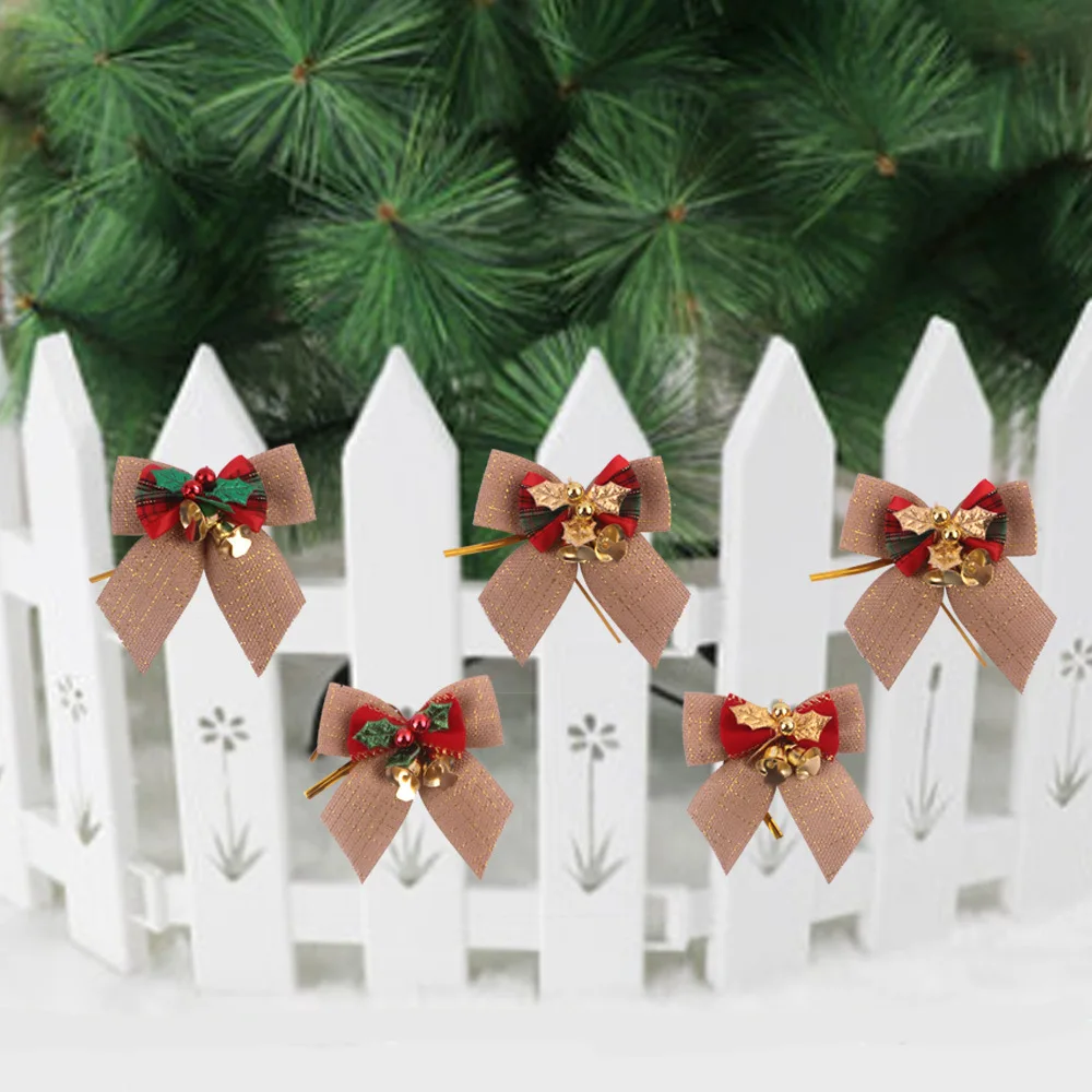 Bowknots Christmas Bows With Iron Bells Christmas Tree Decorations Party Tie DIY Gift Bow Mini Craft