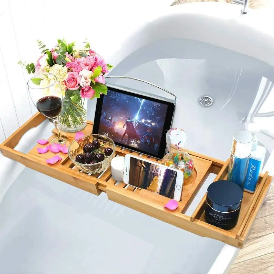 Deluxe bamboo bath Caddy with extendable multi-function bamboo bath tray, with book holder, wine glass holder bathroom rack