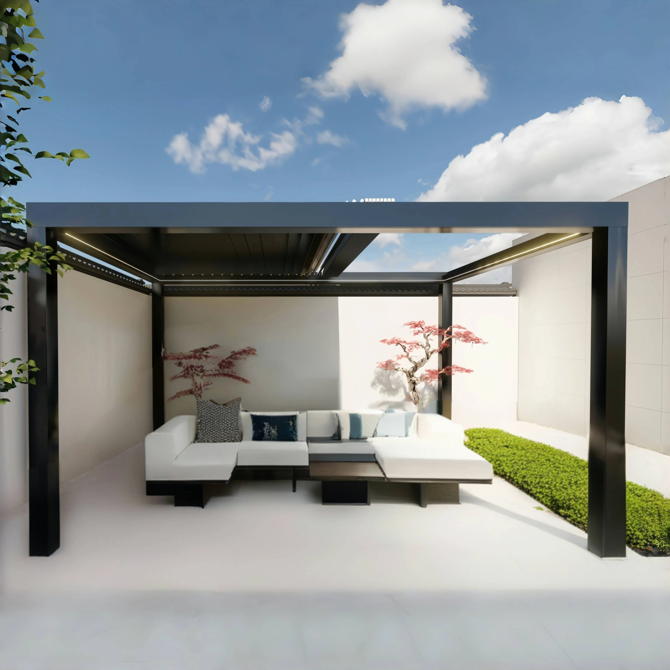 4x6 louvered aluminum roof retractable pergola with privacy wall roll down shades