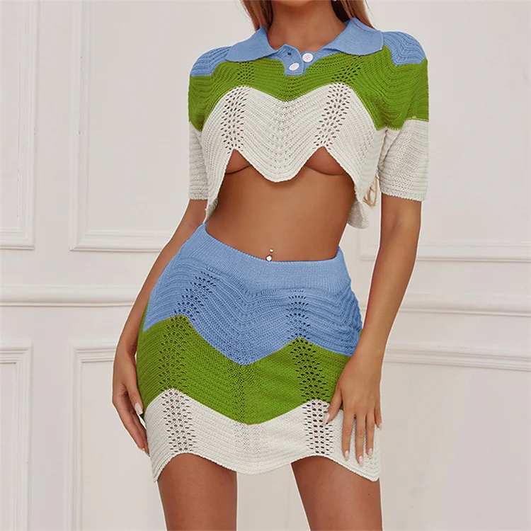 Knit Stitching T-Shirt Hipster Short Sleeve Irregular Shape Matching Top Female Streetwear Two Skirt Sets Women 2 Piece Outfits