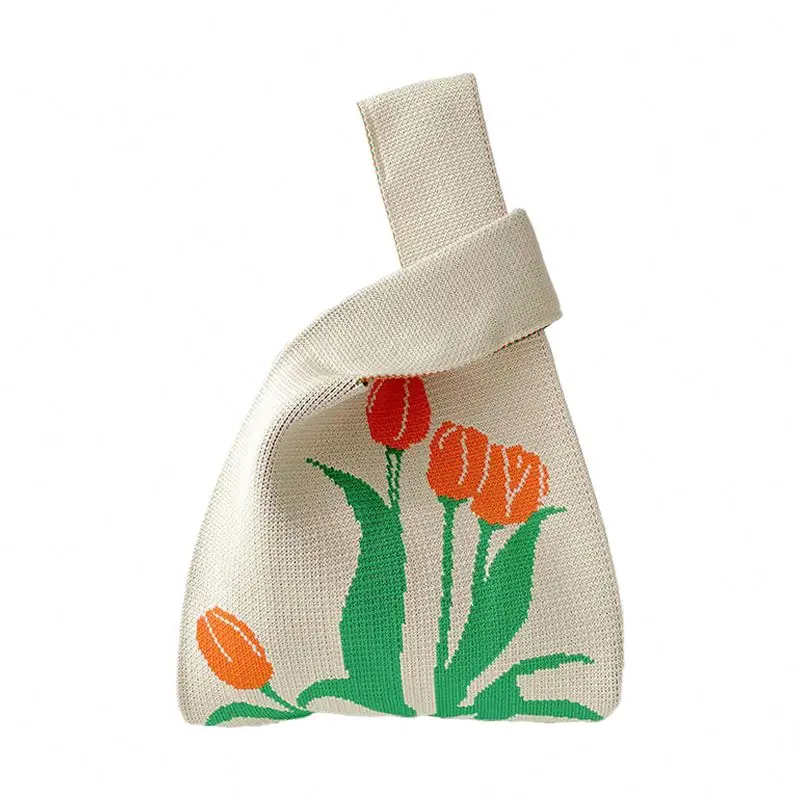 Customizable low MOQ Fashion Design Flower Pattern Knitted Handbag Cute Ladies Casual Crochet Wallet Knitted Tote Bag