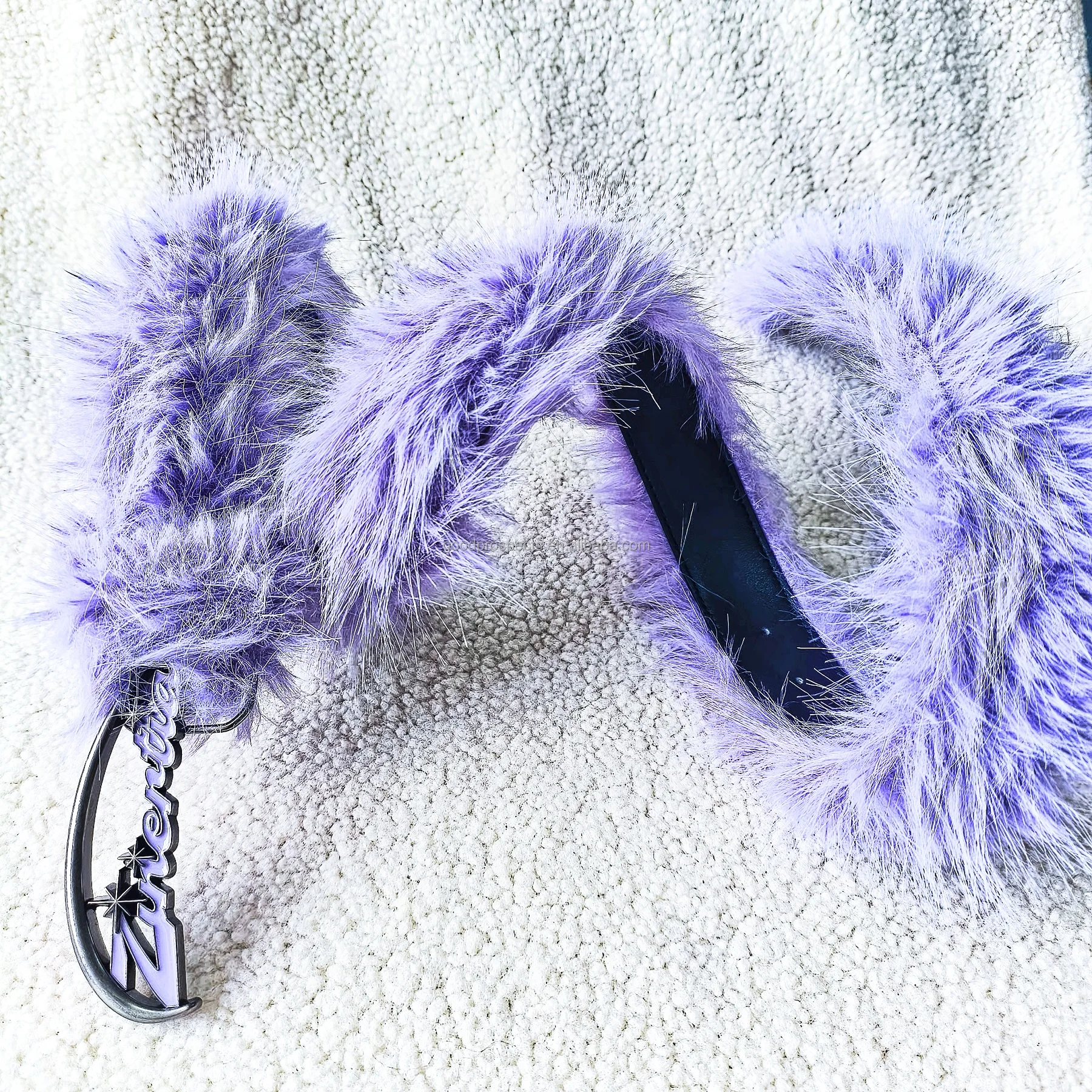 Fashion new design belt artificial purple fur with black full grain Leather zinc alloy custom buckle for men women