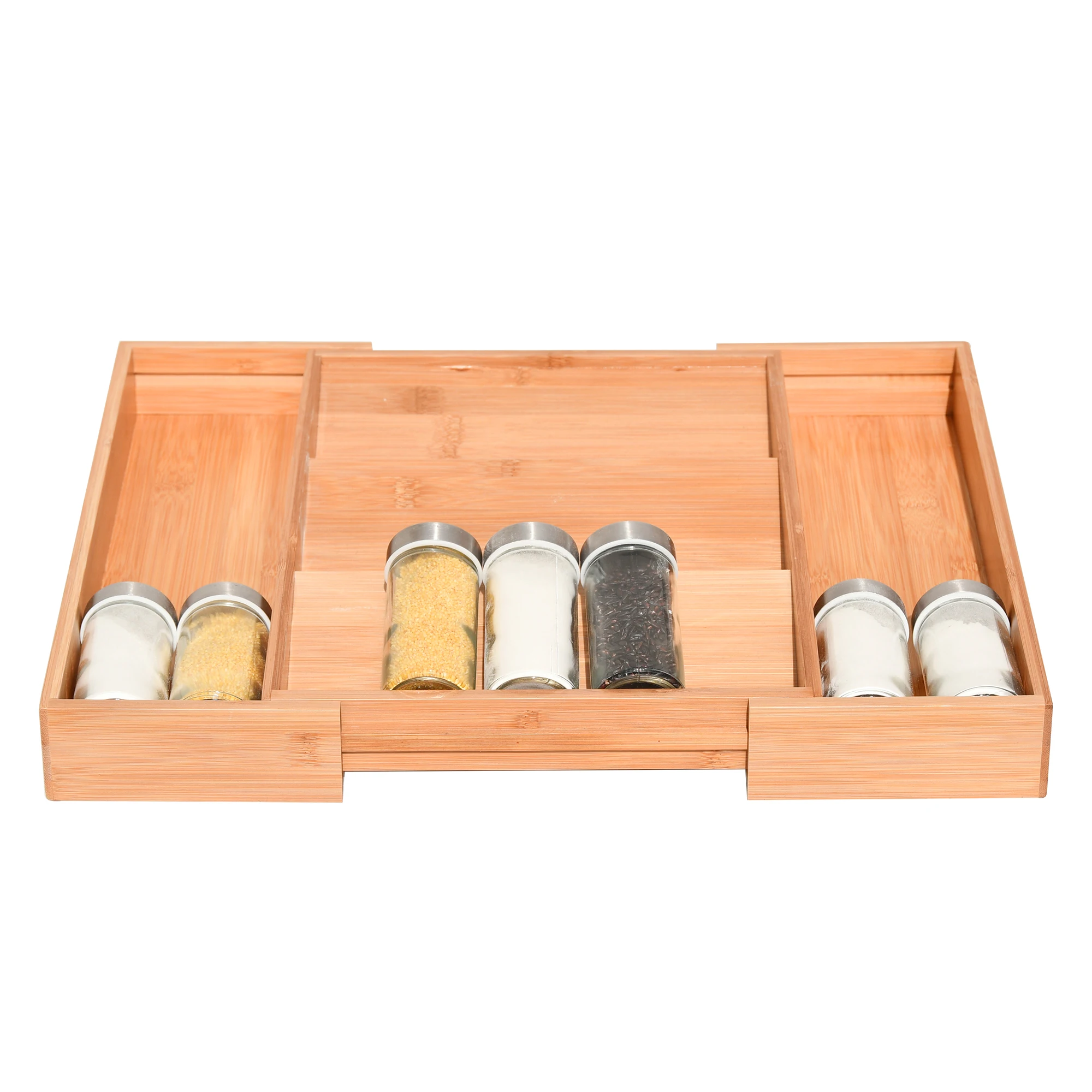 Expandable 3 Tier Display  Spice Shelf Bamboo Drawer Cutlery Organizer for Kitchen Cabinet