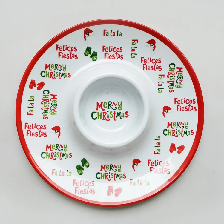 
33cm x 33cm round melamine serving tray for appetizer fruit chips and dips ,christmas design 