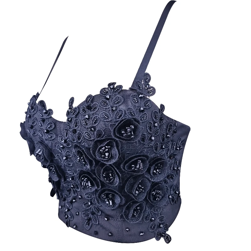 Stereoscopic Flowers Decorated Corset Bustier with Beading Black White Stylish Bustier for Live Stream and Festival