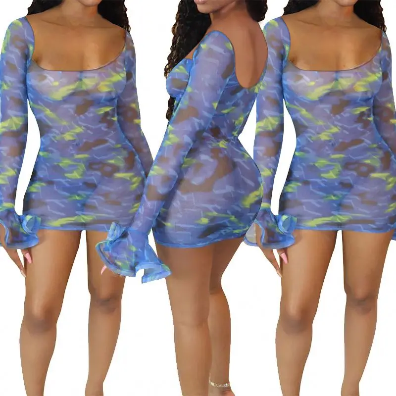 S04192 New arrival 2020 Sexy women sexy mesh sheer transparent print mini dress Women clothing Night Club Dress Two Piece Skirt
