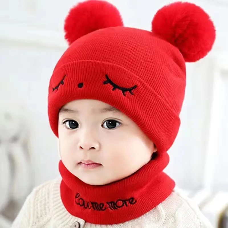 Wholesale Custom 0-12m Winter soft warm Baby Knitted Hats Knitted Newborn Baby Hat And Scarf Set With Fur Pom