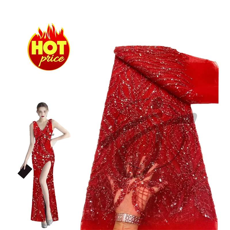 Yun Fan buy sequin beaded lace fabrics by the yard tulle mesh lace beading fabrics for bridal wedding women dress