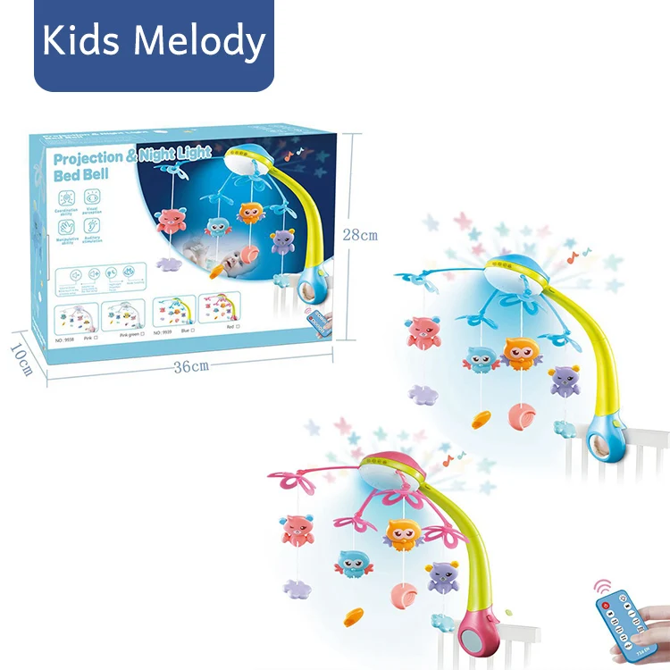 
Amazon hot selling Online Baby Crib Remote Control Music Projection Night Light Bed Bell With Hanging Toys 