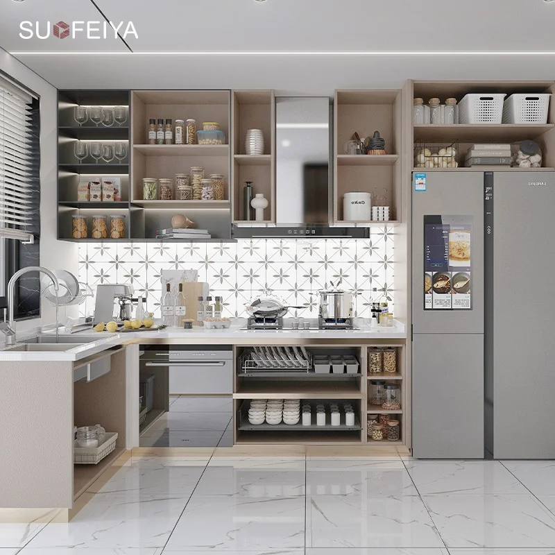 SUOFEIYA Modern French Design Kitchen Wall Cabinet High-End Custom PVC and Wooden MDF Includes Island