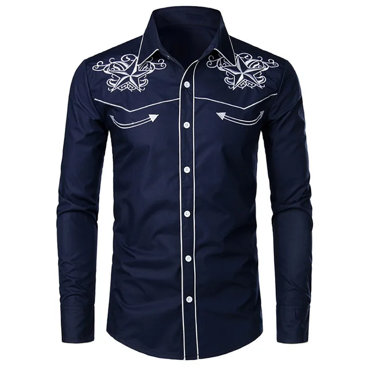 High quality cotton men western embroidered casual long sleeve cowboy shirt