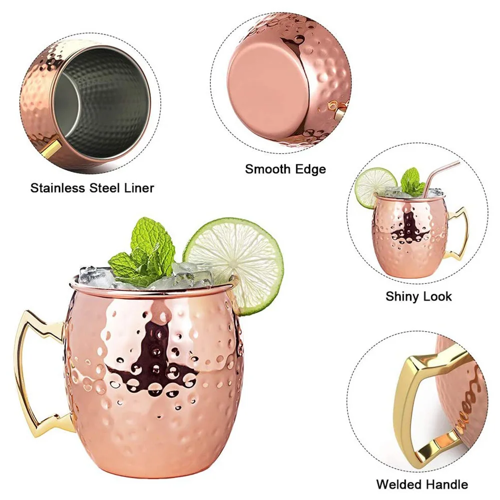 Solid Copper Moscow Mule Mug Premium 100% Pure Copper 16Oz Hammered Barware Cup