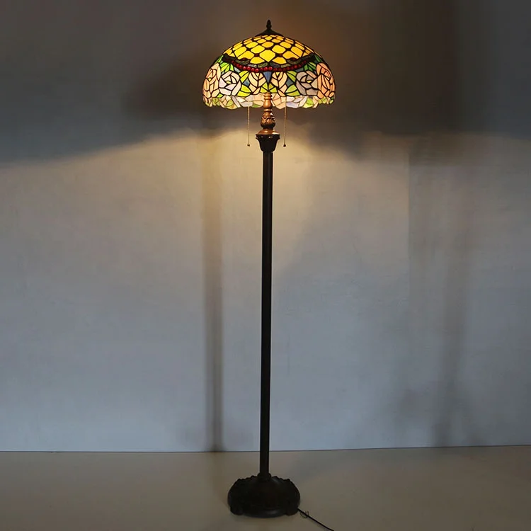 LongHuiJing 16Inch Tiffany Peony Blossom Floor Light Handcrafted Pink Orange Glass Lamp Shades Single Bronze Night Lamp