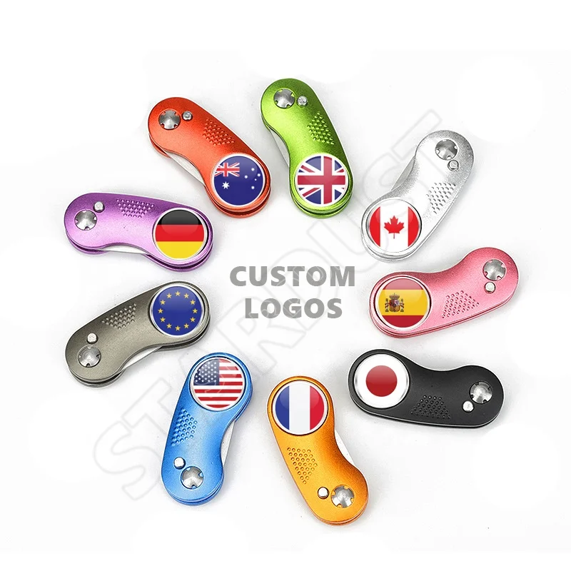 Custom Logo Bulk Putting Green Metal Divot Repair Fork Kit Stainless Steel Colorful Foldable Golf Pitch Tool